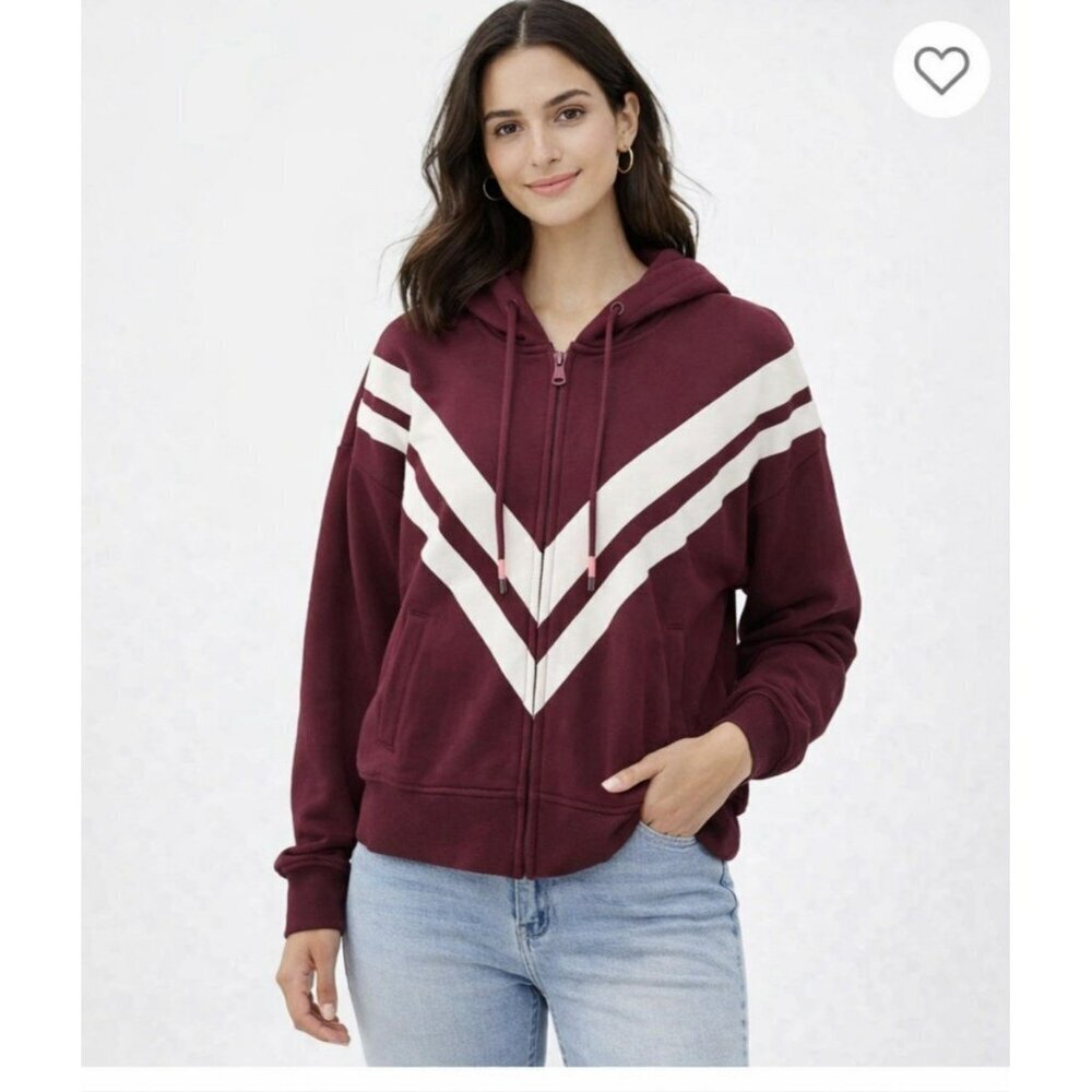 Lou & Grey Maroon Chevron Zip Hoodie Small Burgundy Athleisure Sweatshirt